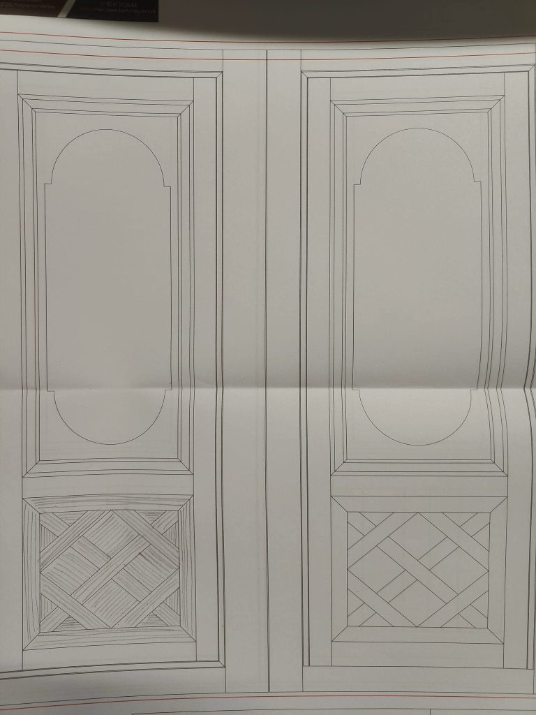 Croquis technique d'une porte cochère en chêne fabriquée sur mesure pour un immeuble à Paris